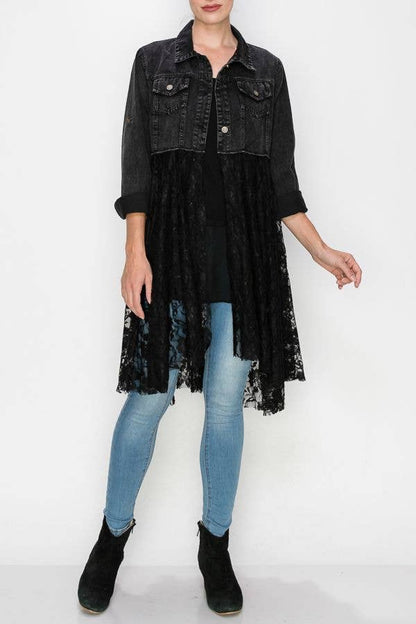 Origami Apparel Cropped Denim Jacket Duster with Lace