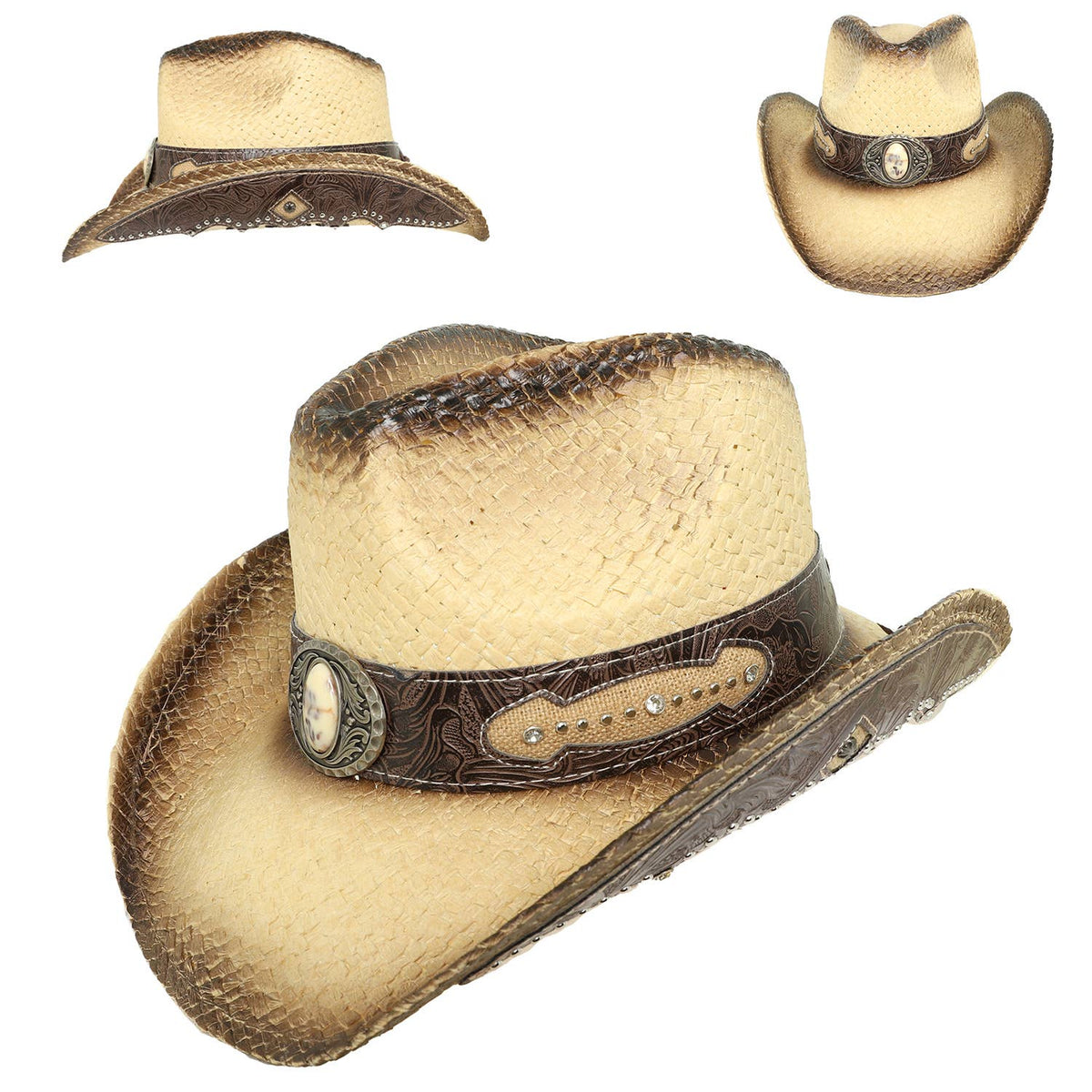 Sophia Collection Western Rhinestone Embellished Straw Cowboy Hat