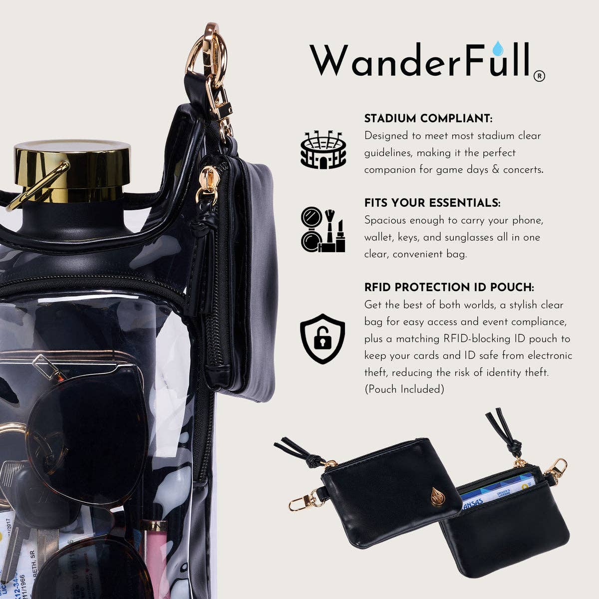WanderFull Clear HydroBag® Stadium with Black Trim and Matching RFID Pouch
