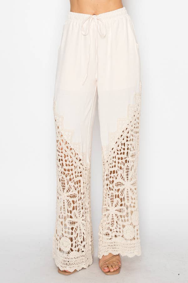 Origami Black Crochet-Detail Lined Drawstring Pants