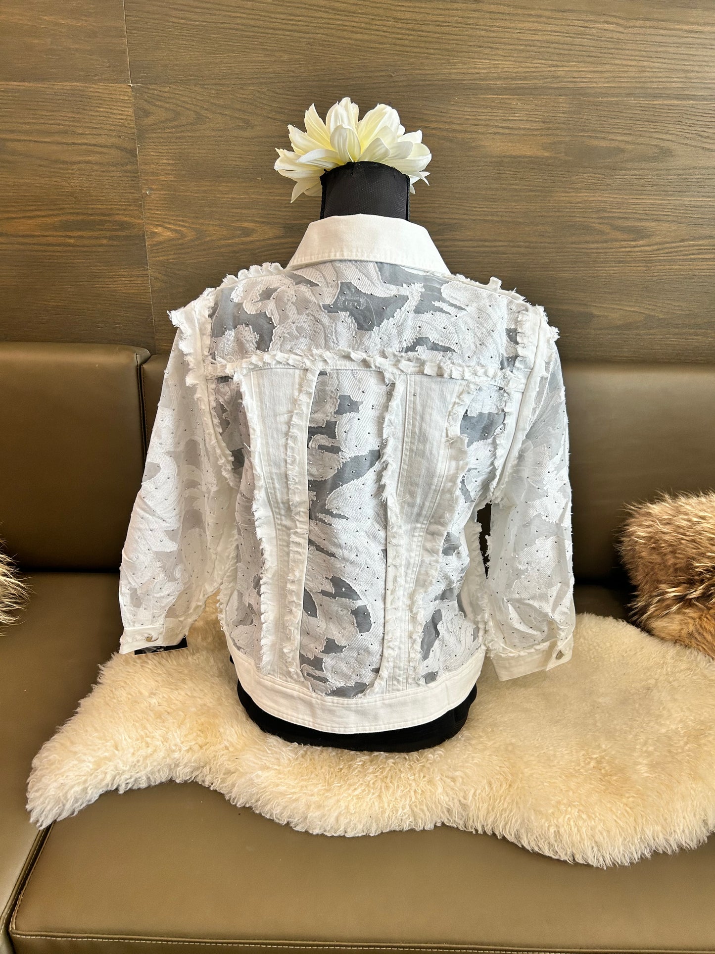 AZI Zoey Floral Lace Bejeweled White Denim Jacket
