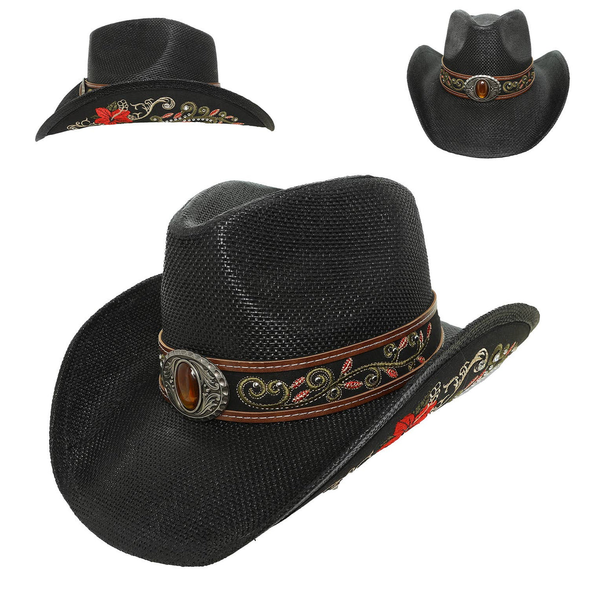 SP Sophia Collection Western Embroidered Straw Woven Cowboy Hat