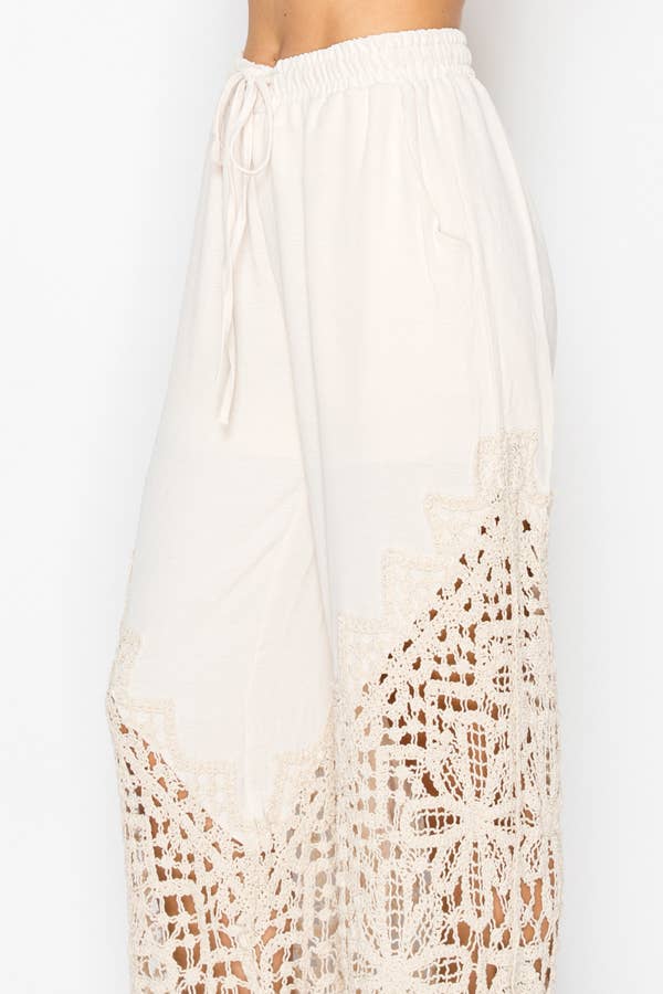 Origami Black Crochet-Detail Lined Drawstring Pants