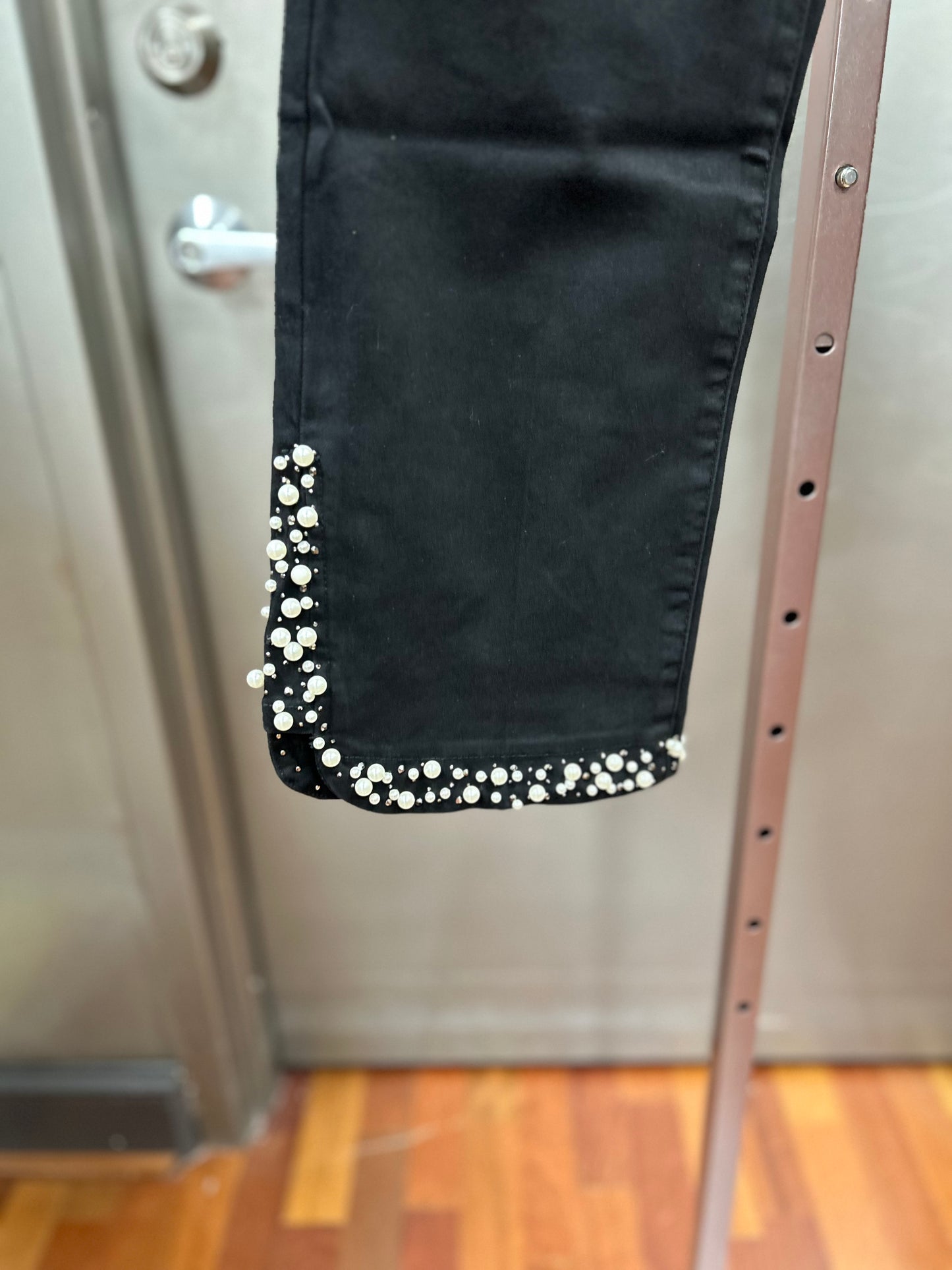 AZI Black Denim Jeans w/ Pearl and Rhinestone Trim