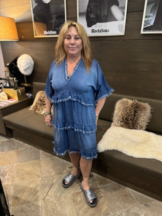 Amorosa Ruffle V-Neck Denim Dress