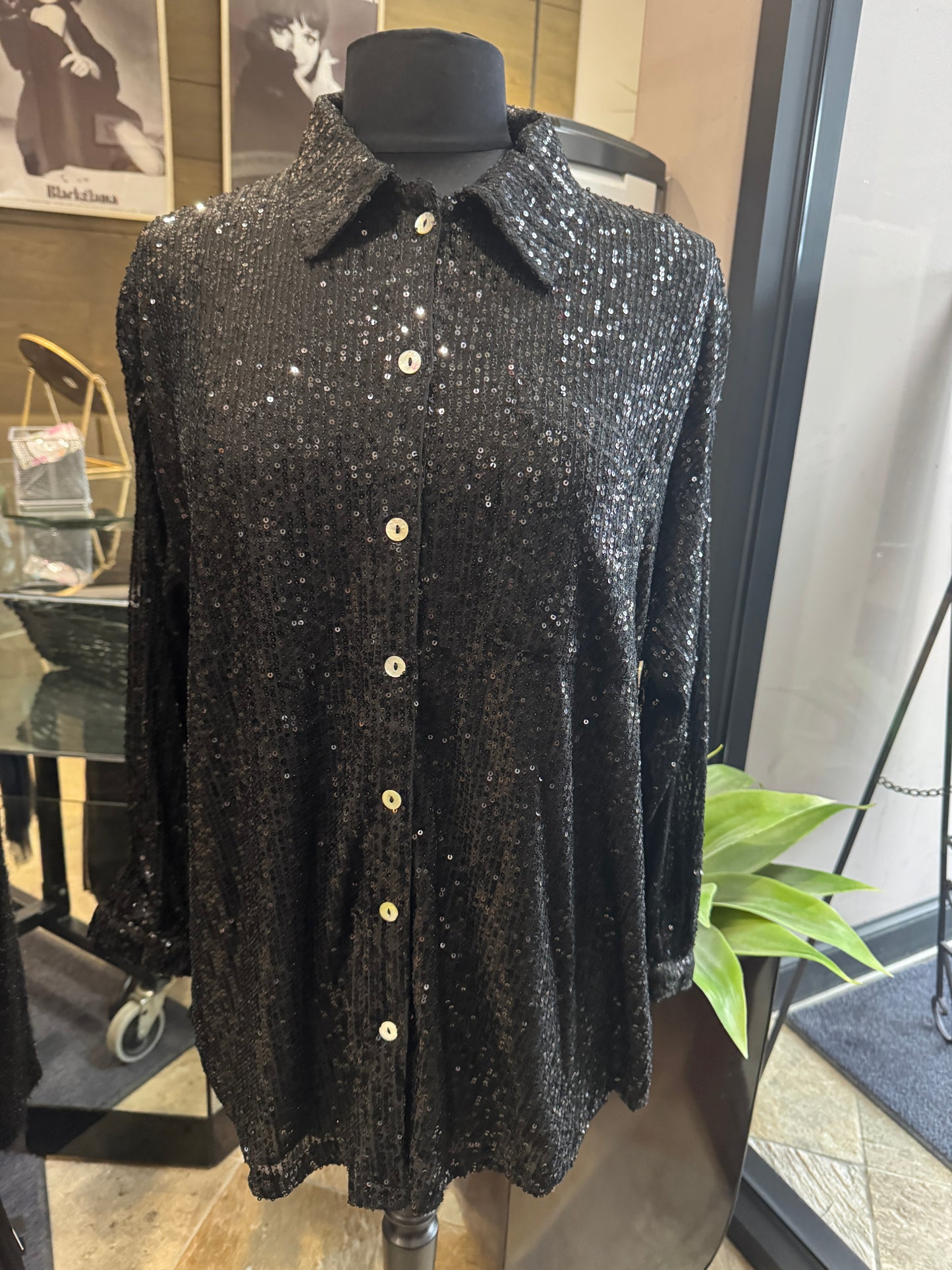 Vanilla Monkey Sequin Oversized Drop Shoulder Shirt Top