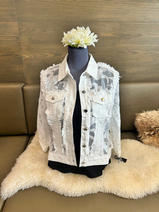 AZI Zoey Floral Lace Bejeweled White Denim Jacket