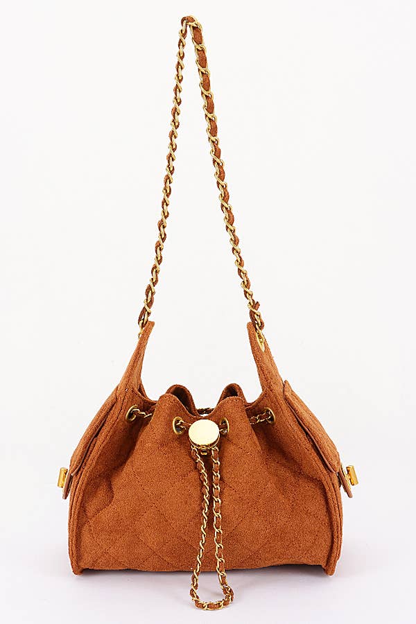 Quilted Suede Chain Drawstring Shoulder Bag