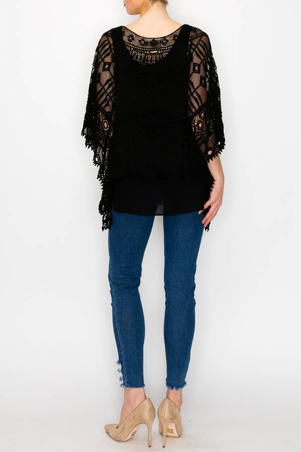 Origami Apparel Ornate Crochet Poncho Top With Geometric Embroidered Details