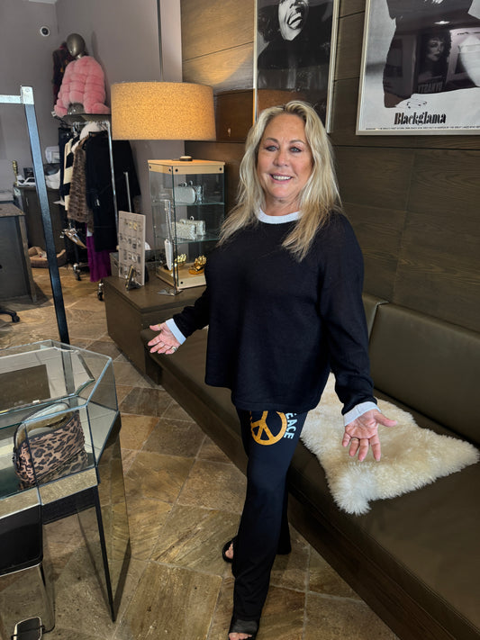 Just Madison Apparel Linen Cotton Mesh Black w/ Love Sleeves and White Heart Back Crewneck Sweater