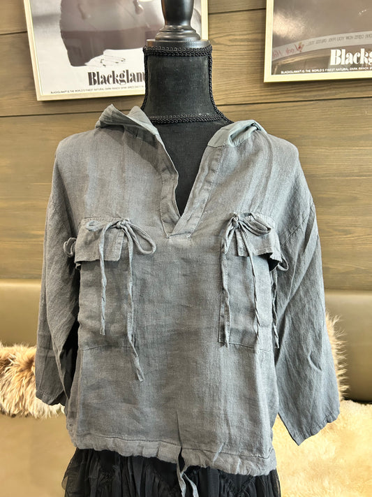 Elle Linen Charcoal Hooded Top w/ Pockets