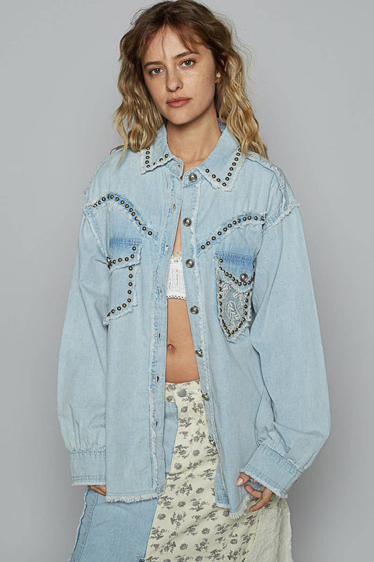 POL Long sleeve studded western style twill shirt top