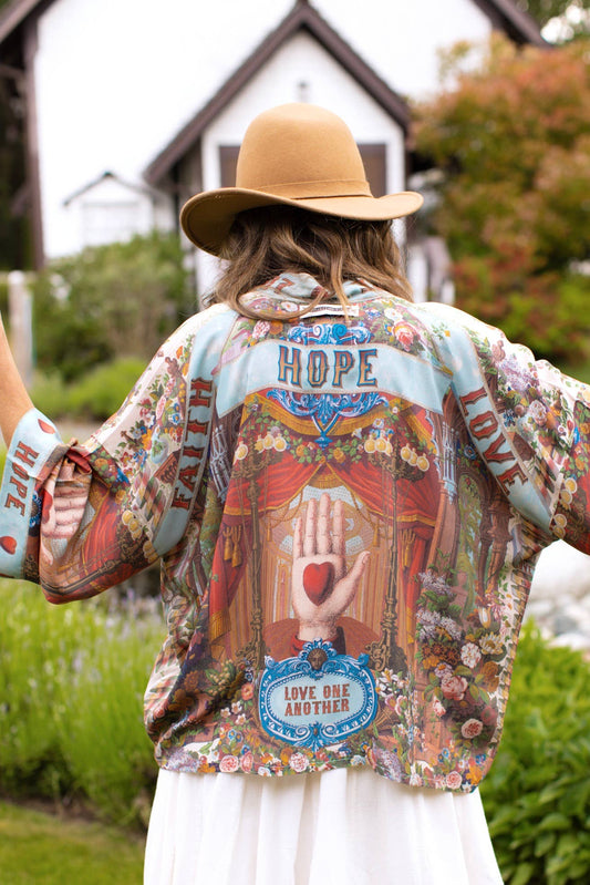 Market to Stars 
Love Language Pixie Duster Cropped Kimono w/ Faith, Hope
