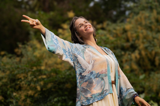 Market to Stars 
Peace Out Cropped Kimono Pixie Duster with Doves and Sunrise