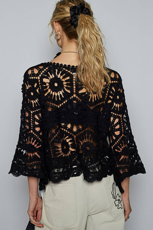 POL Clothing Round neck 3/4 sleeve crochet cropped top O/S