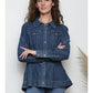 Nostalgia Denim Button Front Shirt with Ruffle Peplum