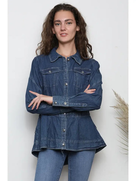 Nostalgia Denim Button Front Shirt with Ruffle Peplum