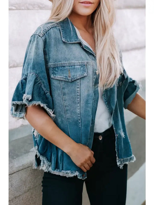 Little Daisy Raw Edge Ruffled Short Sleeve Denim Jacket