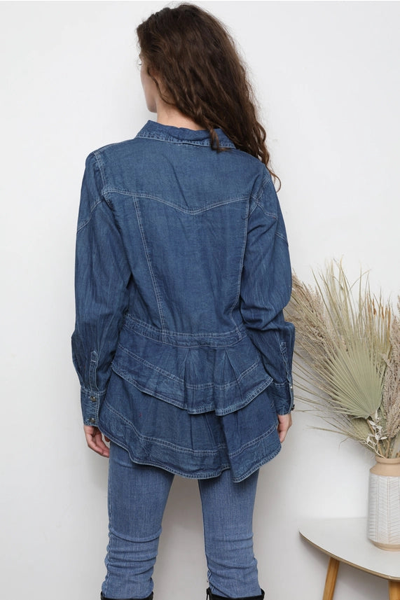 Nostalgia Denim Button Front Shirt with Ruffle Peplum