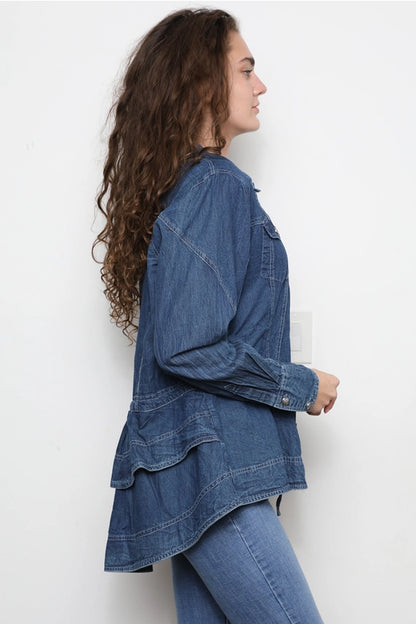 Nostalgia Denim Button Front Shirt with Ruffle Peplum