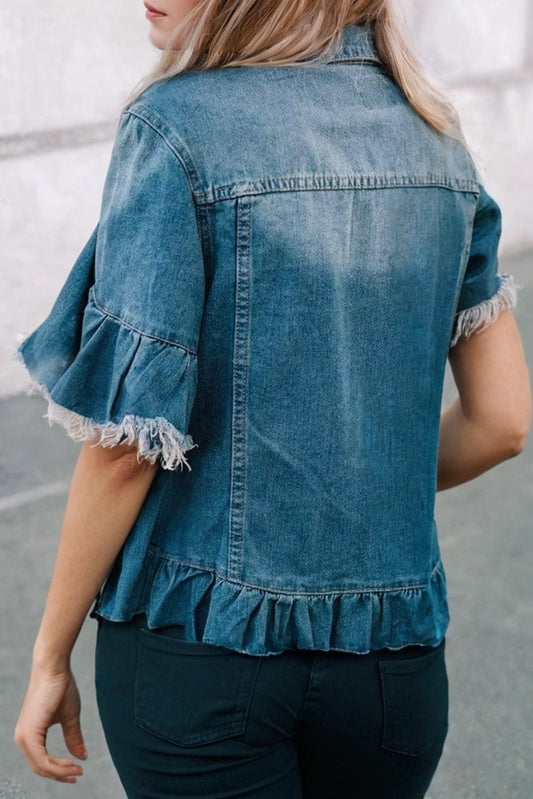 Little Daisy Raw Edge Ruffled Short Sleeve Denim Jacket