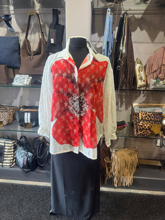 Elle Floral Eyelet White Collared Button Down Shirt