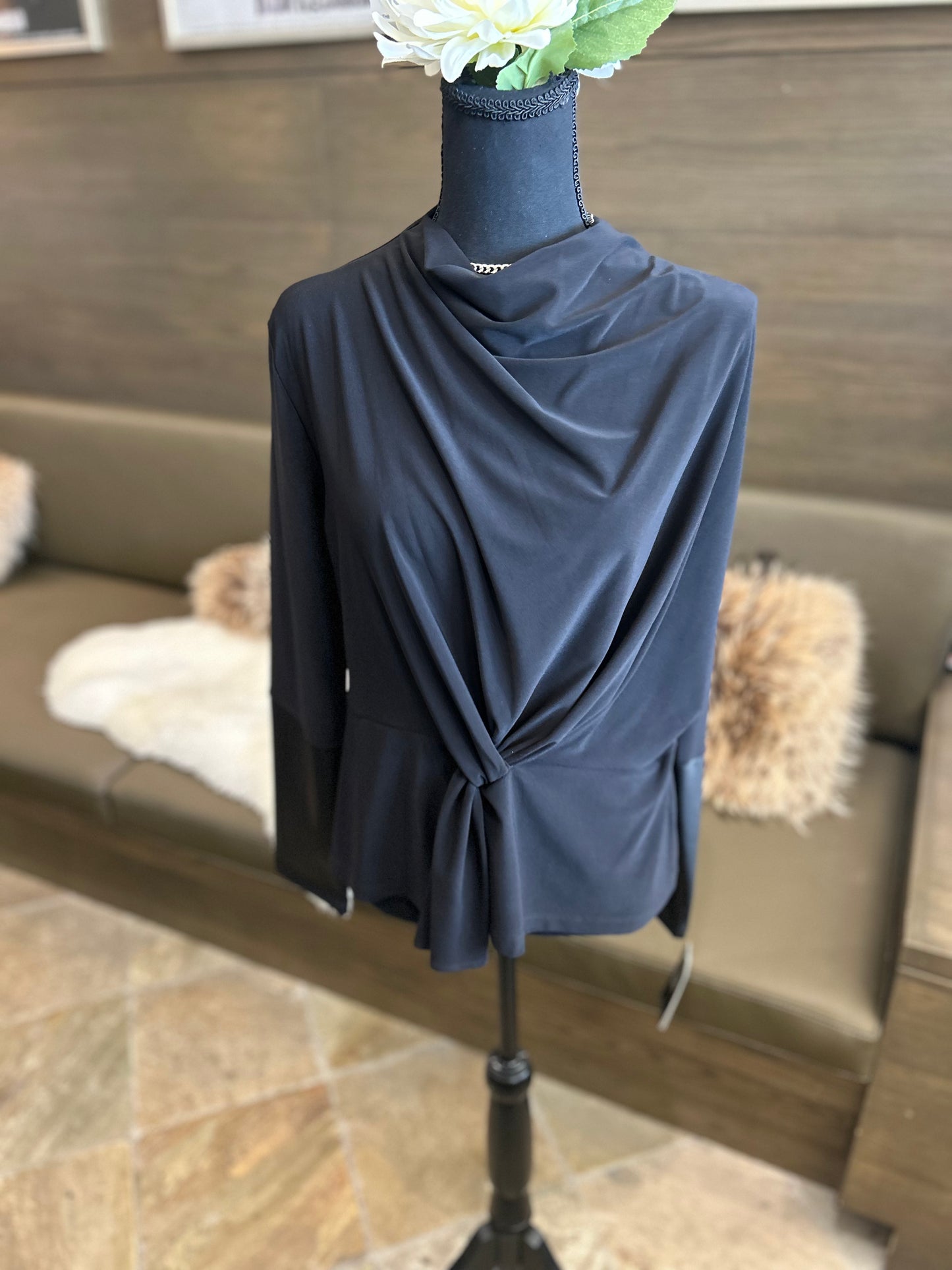 Clara Sun Woo Drape Neck Leather Cuff Sleeve Soft Knit Top w/ Loop Front Top