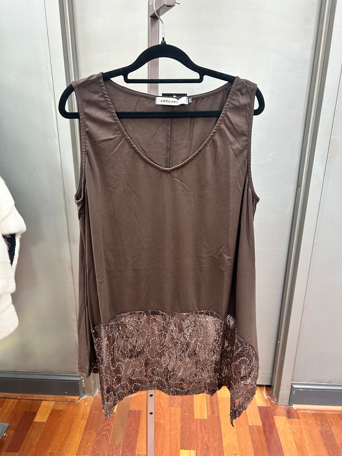 Origami Soft Relaxed Tank With Delicate Sparkly Lace Hem
