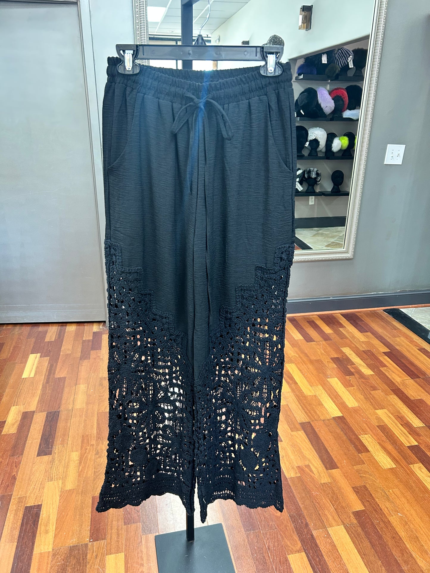 Origami Black Crochet-Detail Lined Drawstring Pants
