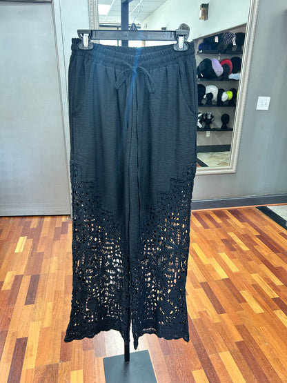 Origami Black Crochet-Detail Lined Drawstring Pants