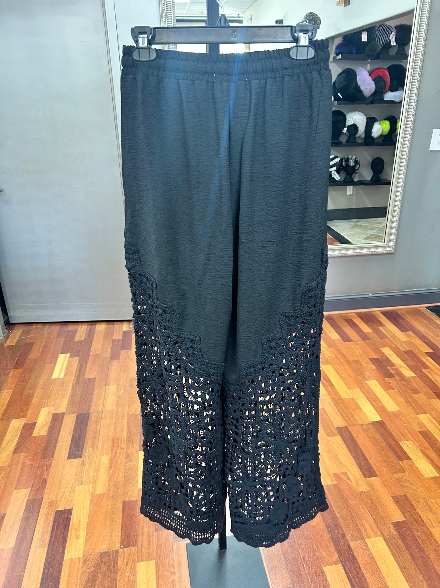Origami Black Crochet-Detail Lined Drawstring Pants
