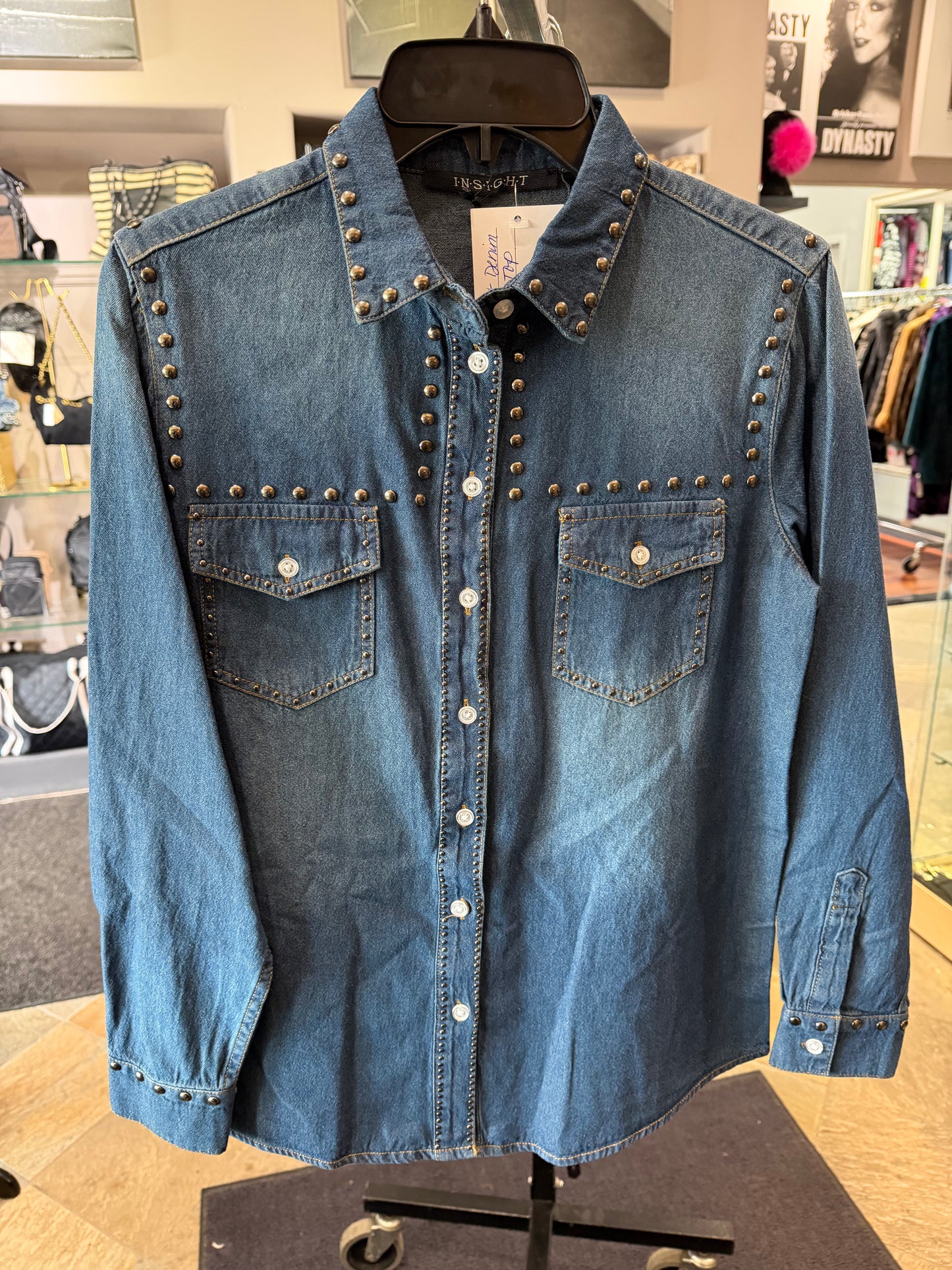 Insight Button Down Denim Studded Long Sleeve Top