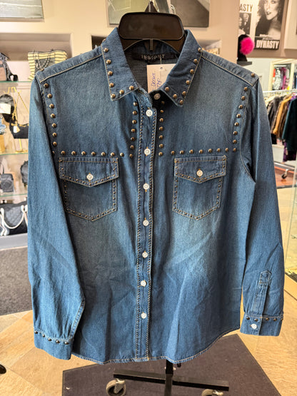 Insight Button Down Denim Studded Long Sleeve Top