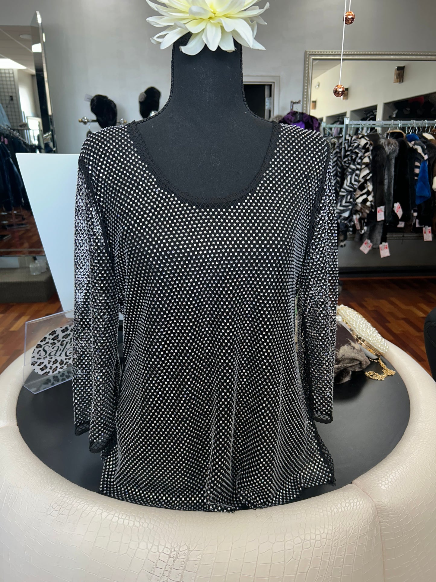 AZI  Jeweled Black Two Piece 3/4 Length Sleeve Netted Top w/ Cami.