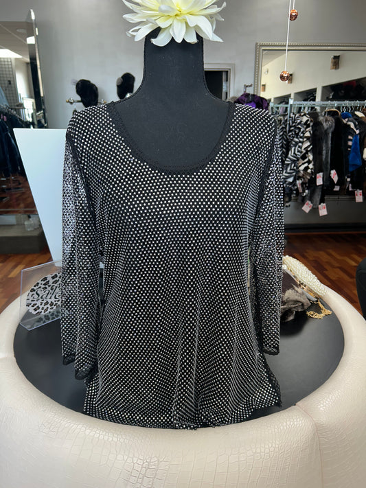 AZI  Jeweled Black Two Piece 3/4 Length Sleeve Netted Top w/ Cami.