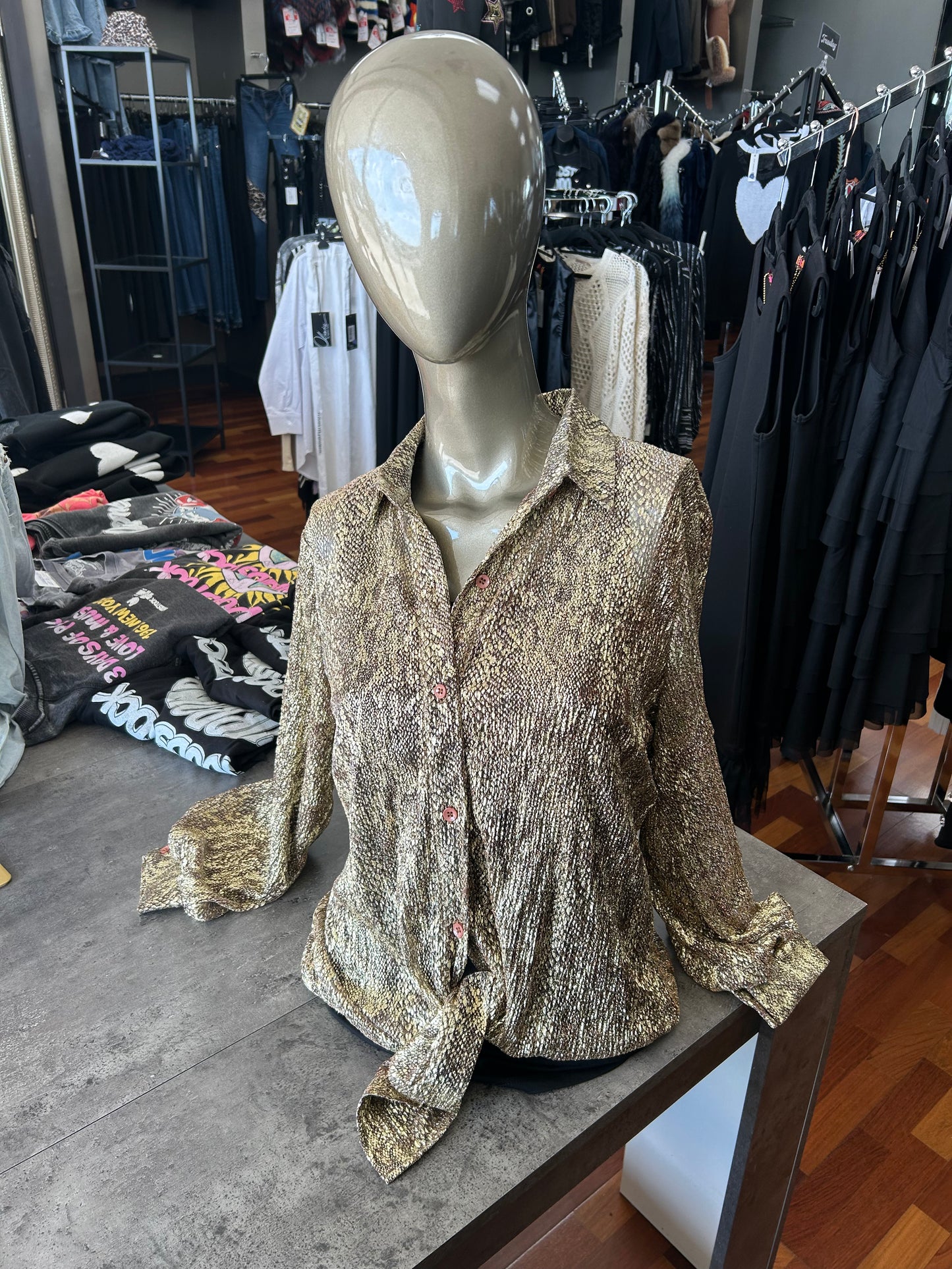 AZI  Gold Lame Button Down Collared Top