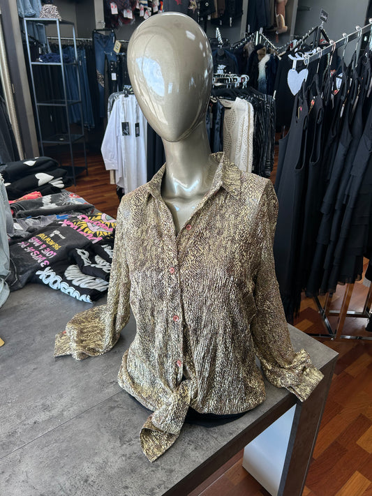 AZI  Gold Lame Button Down Collared Top