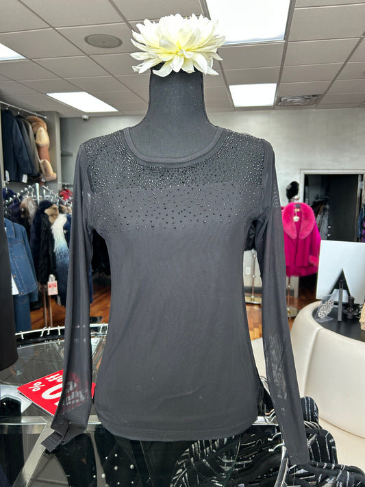 AZI  Black Sheer Neck Jeweled Top