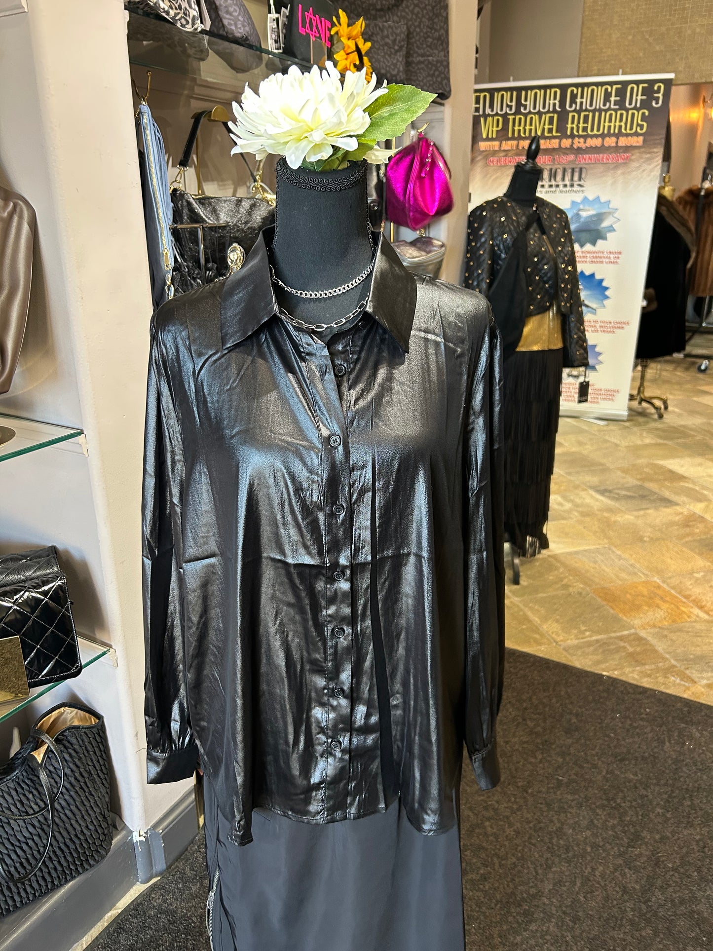 Joh Joseph Black Button Down Collared Shirt Blouse