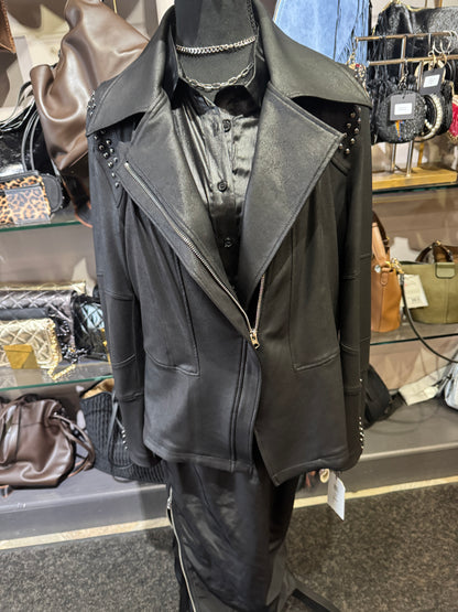 Clara Sun Woo Studded Liquid Leather Zip Front Moto Jacket