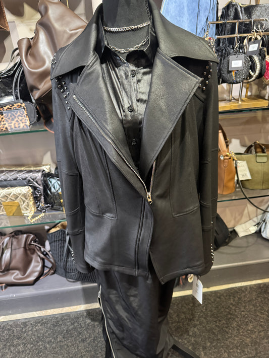 Clara Sun Woo Studded Liquid Leather Zip Front Moto Jacket