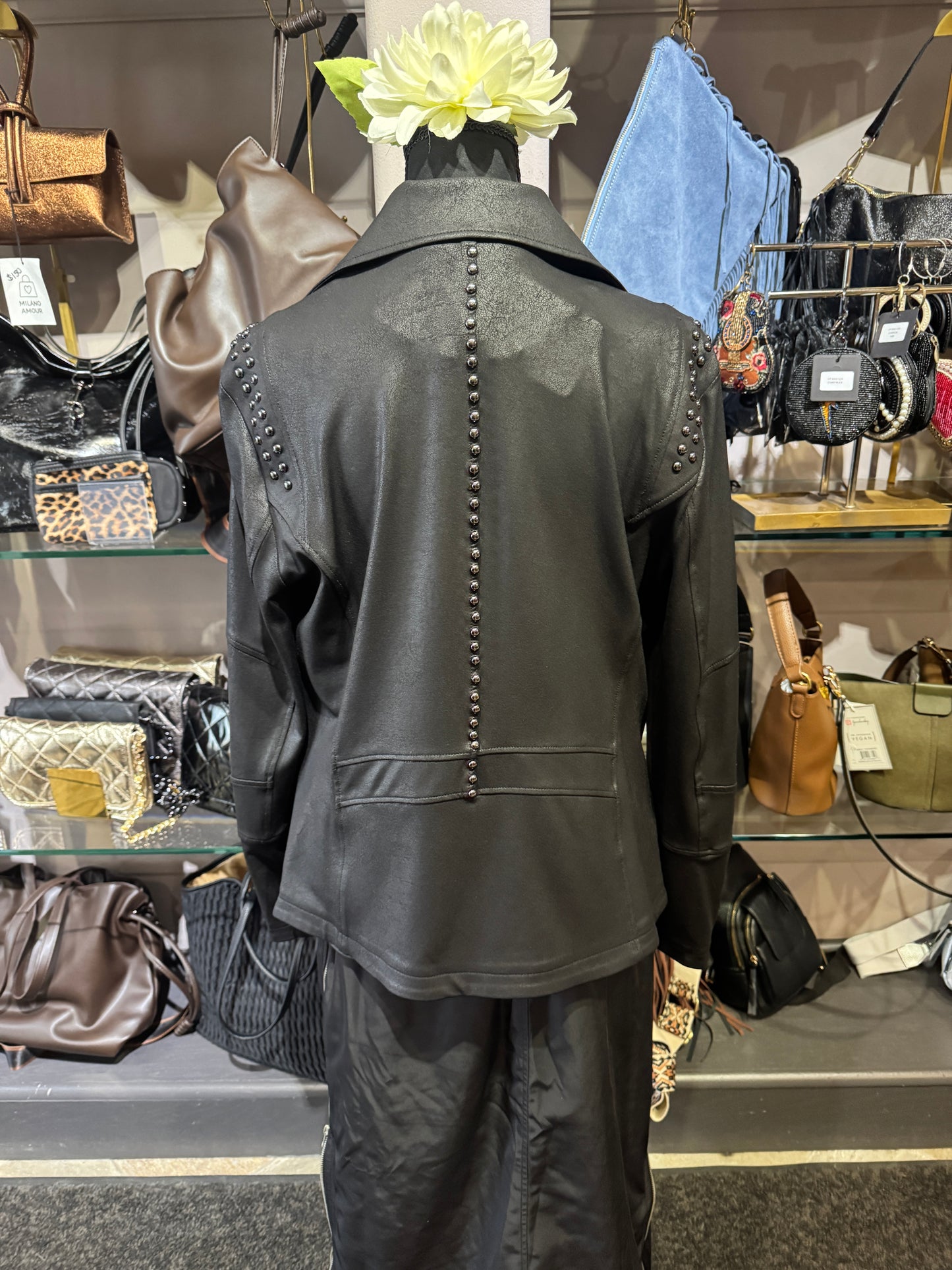 Clara Sun Woo Studded Liquid Leather Zip Front Moto Jacket