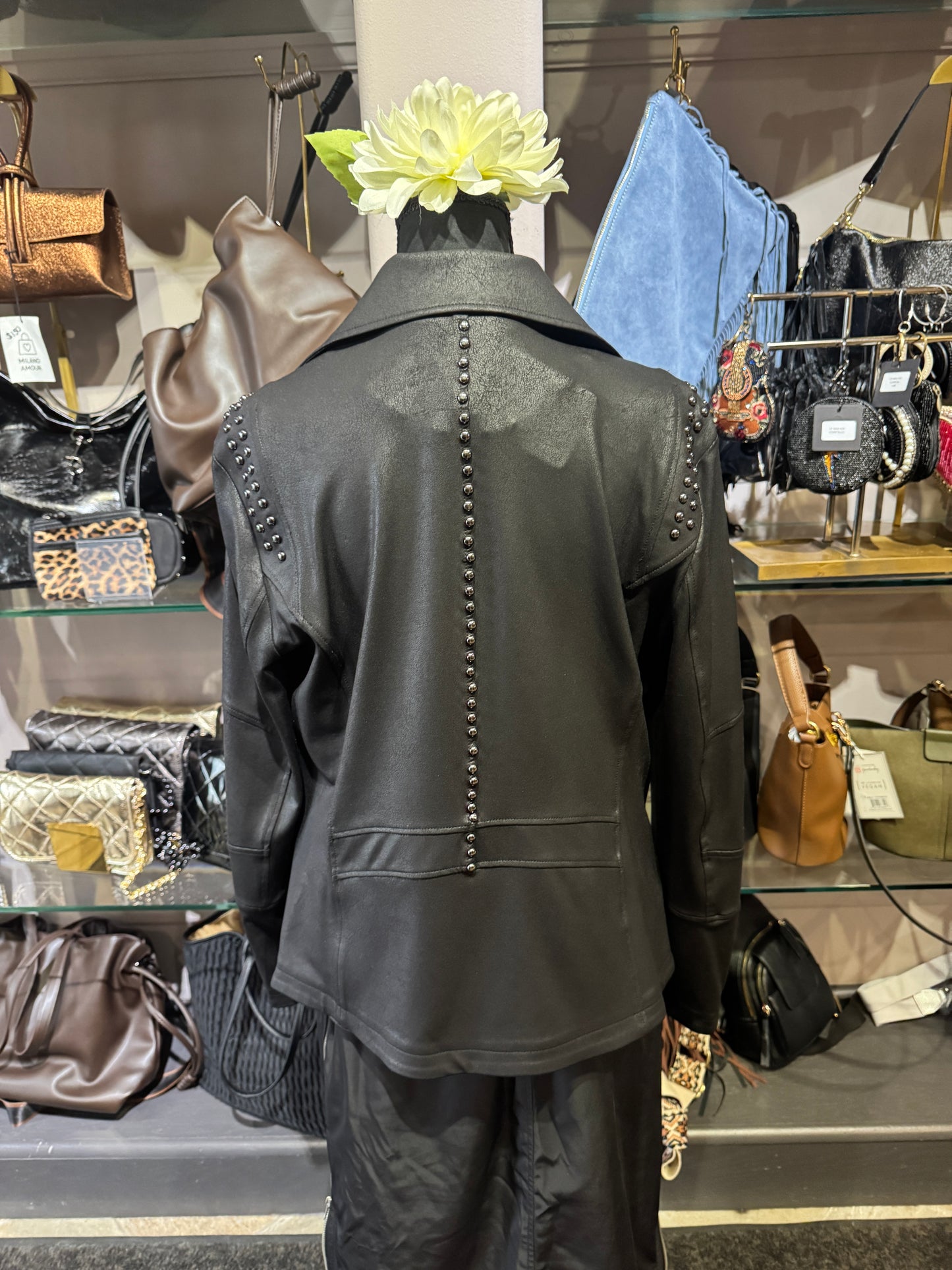 Clara Sun Woo Studded Liquid Leather Zip Front Moto Jacket