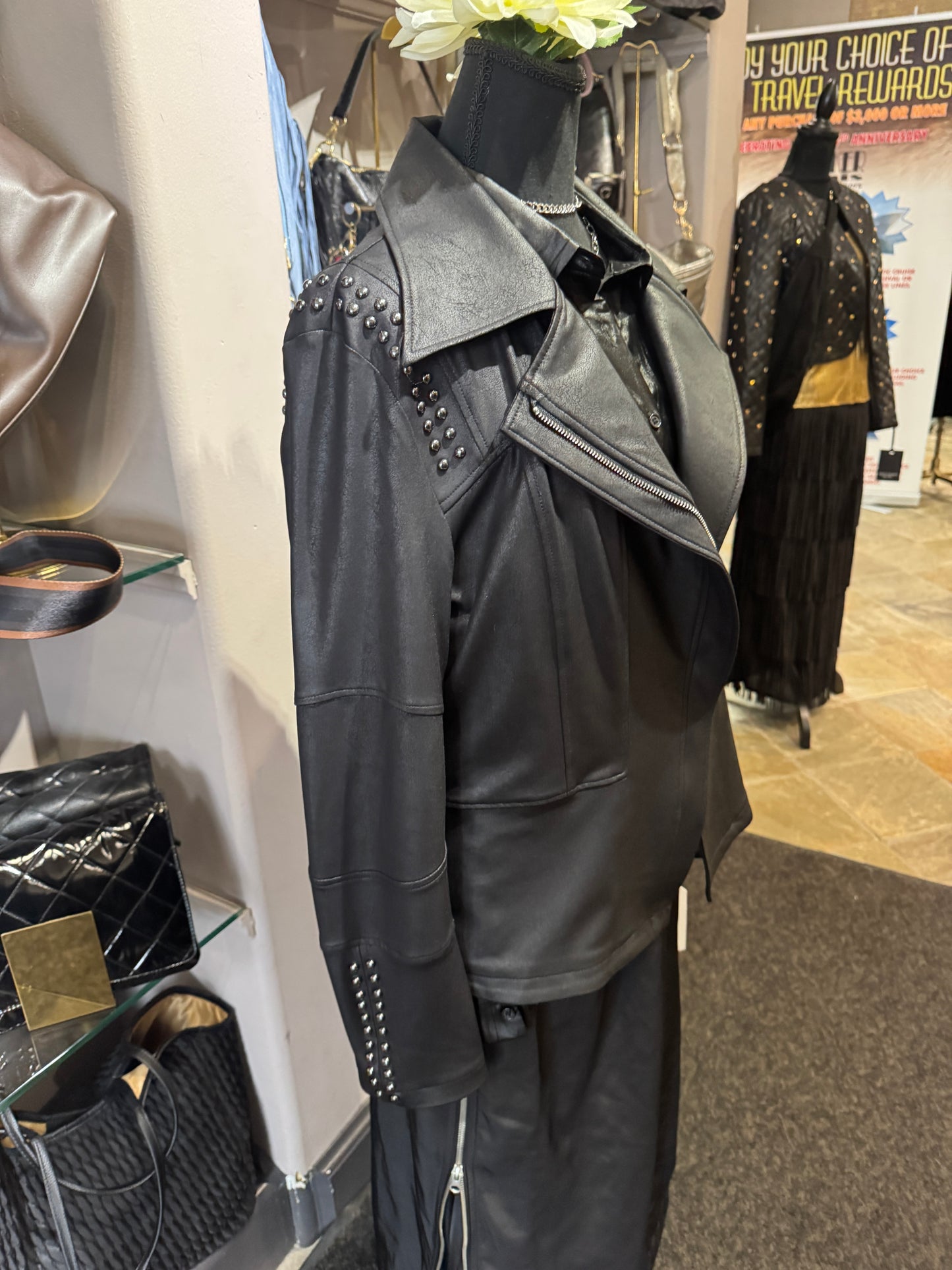 Clara Sun Woo Studded Liquid Leather Zip Front Moto Jacket