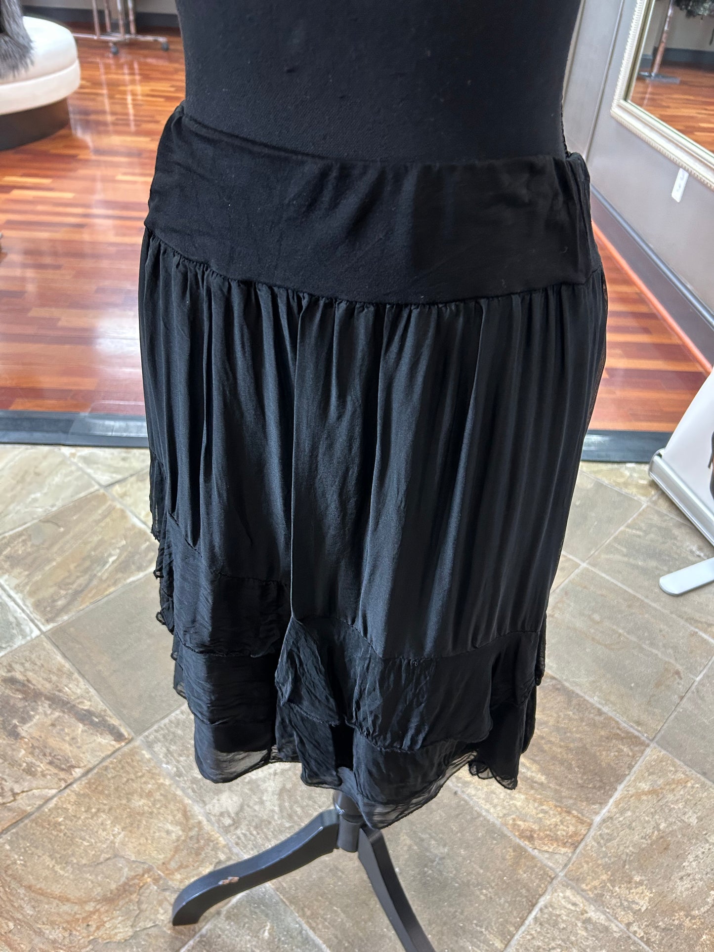 Gigi Moda Black Short Silk Skirt with Double Asymmetrical Ruffles