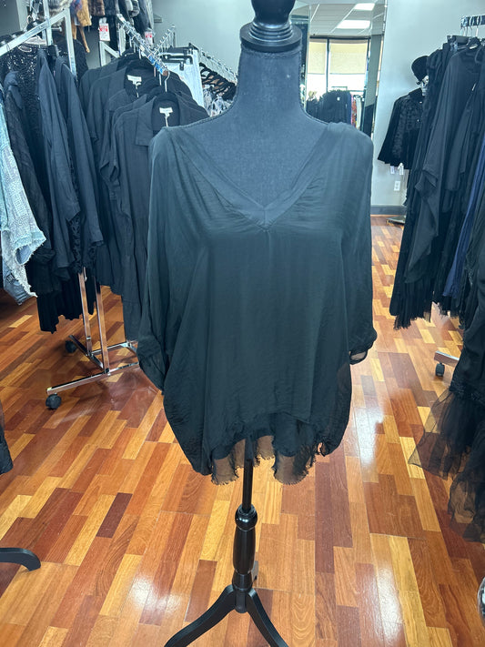 Gigi Moda Black V-Neck Silk Kaftan Style Blouse with Raw Edge Hem on Bottom Layer One Size Fits