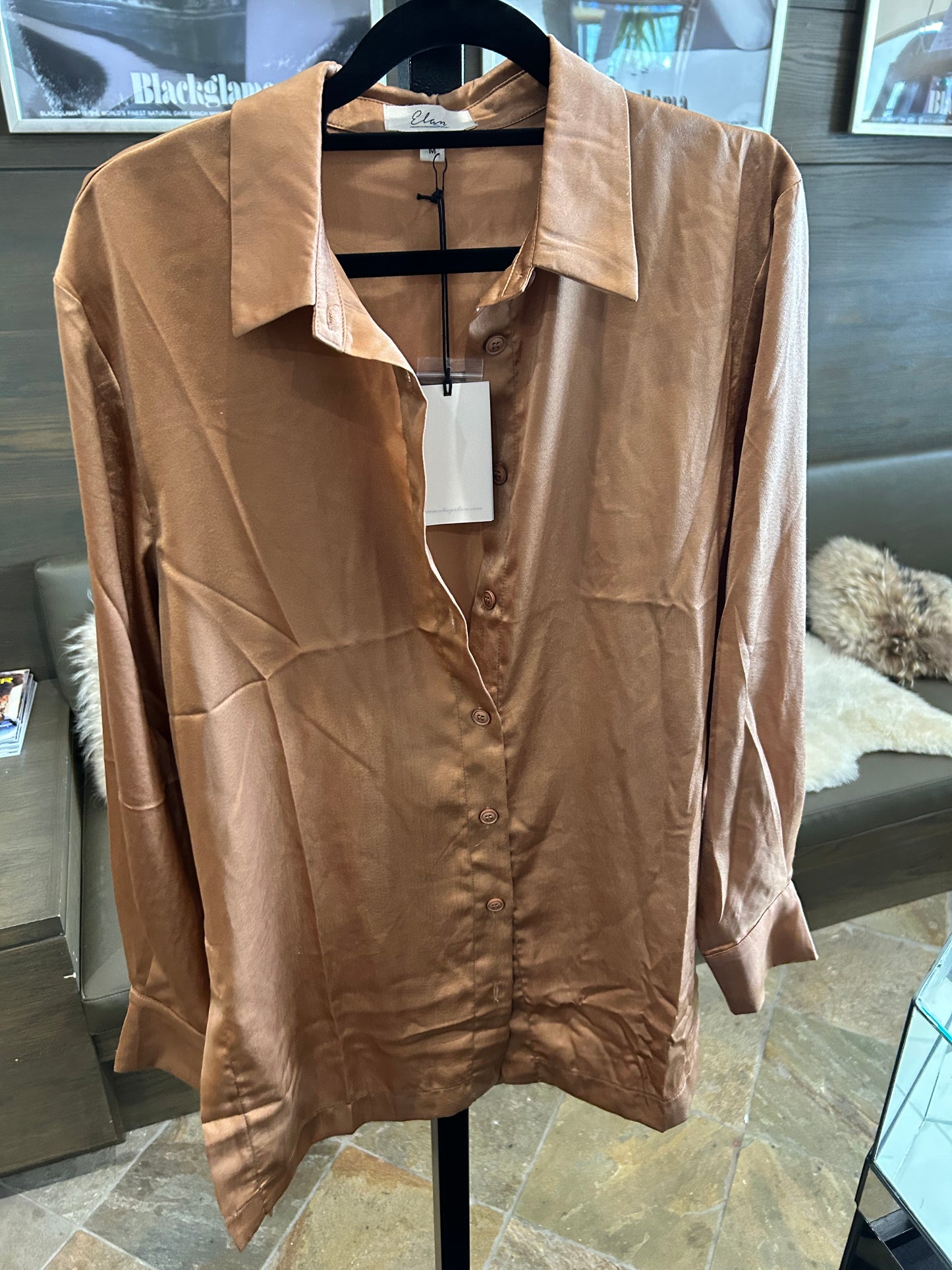 Elan Caramel Satin Button Down Long Sleeve Top