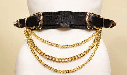 Samuel Dong Black with Gold Hanging Chains Elastic Belt