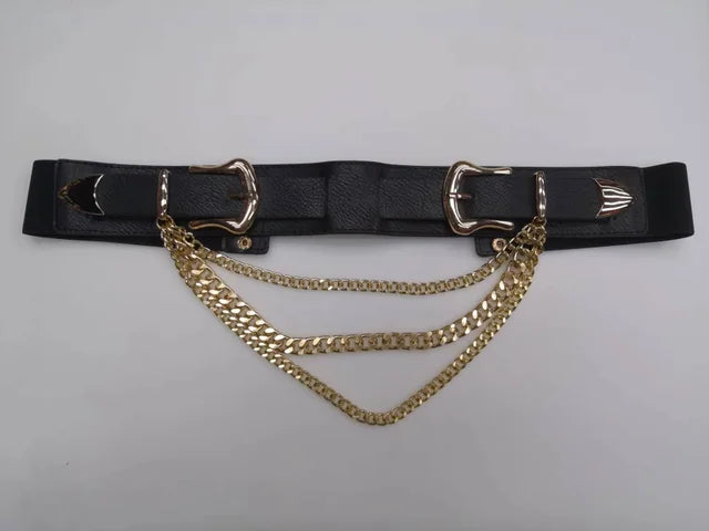 Samuel Dong Black with Gold Hanging Chains Elastic Belt