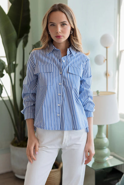 Joh Jenn Button Down Collared Striped Blouse Shirt